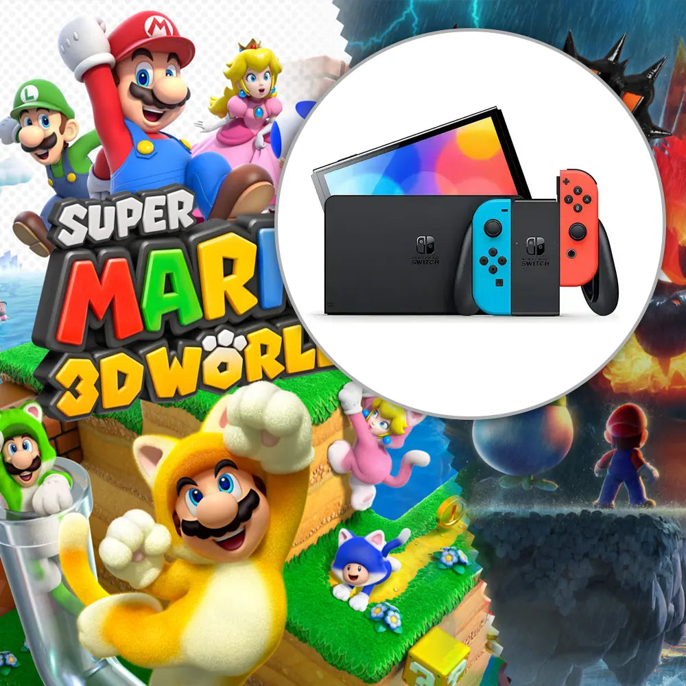 PACK CONSOLA NINTENDO SWITCH OLED NEON + VIDEOJUEGO MARIO 3D WORLD + BOWSER FURY