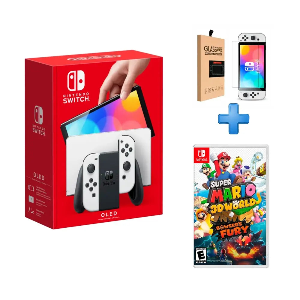 ACK CONSOLA NINTENDO SWITCH OLED BLANCO + VIDEOJUEGO MARIO 3D WORLD + BOWSER FURY + MICA GLASS PARA SWITCH